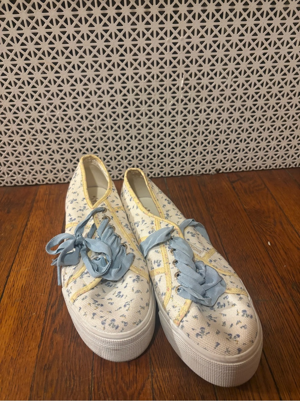 LoveShackFancy Blue Floral Platform Sneakers with Yellow Trim